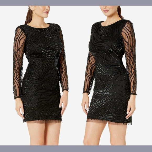 NWT Adrianna Papell [ 12 ]‎ Sequin Beaded Long Sleeve Dress in Black - Picture 3 of 12